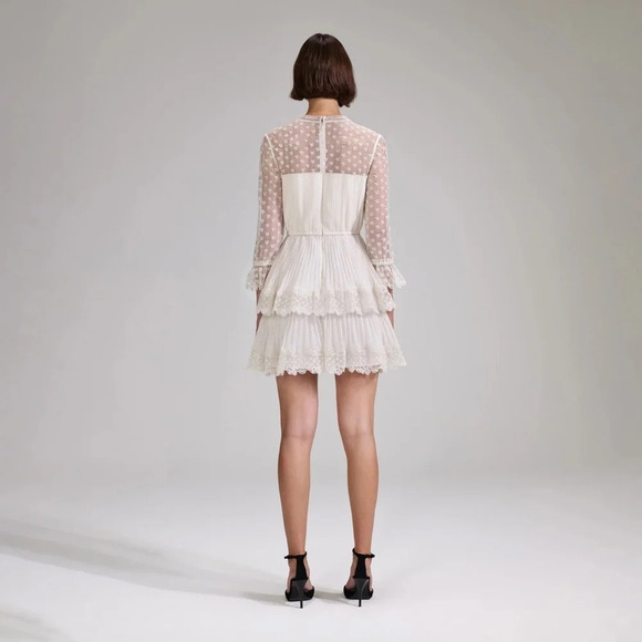 NEW Self-Portrait Chiffon Lace Tiered Mini Dress White Ivory | size UK 8 / US 4 - Picture 5 of 16